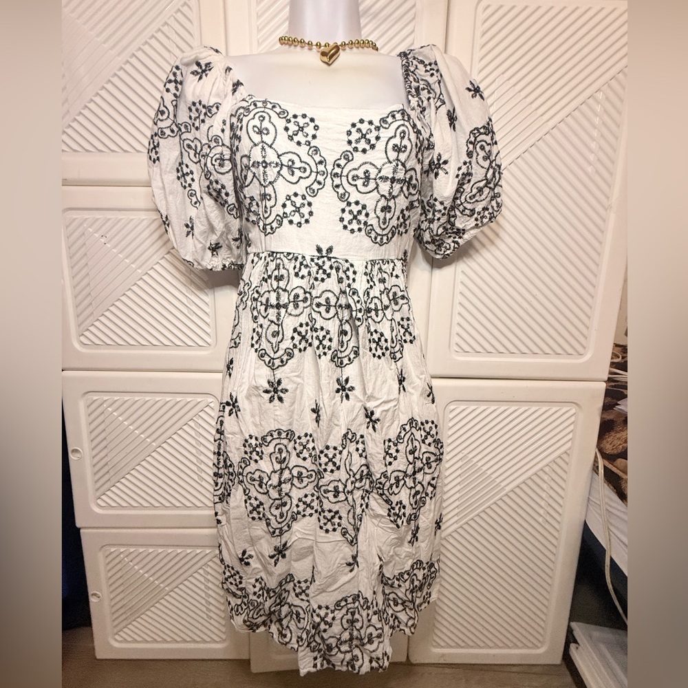 Elegant White and Black Embroidered Dress